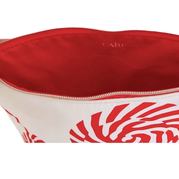 NEW Clarins Cosmetic Bag w/ Striped Candy Design, Red Interior, Zipper Pull … - Picture 3 of 5